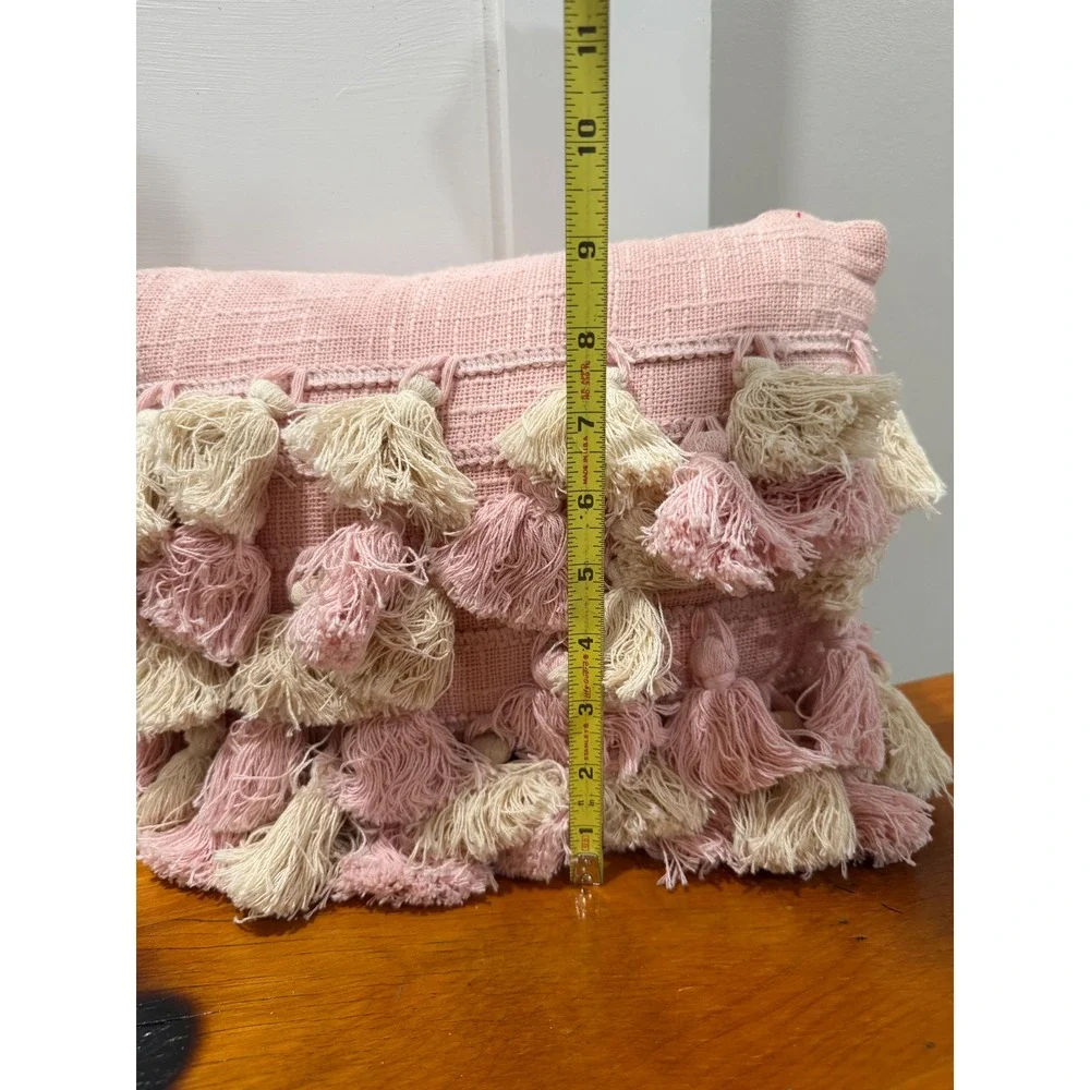 Boho Pink Woven Tassel Throw Pillow Cream Fringe Lumbar Decorative Accent 12x9